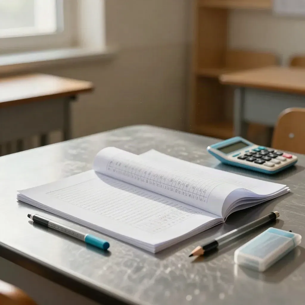 Examentrainingset met proefexamens, rekenmachine en markeerstift op een rustige werkbank.