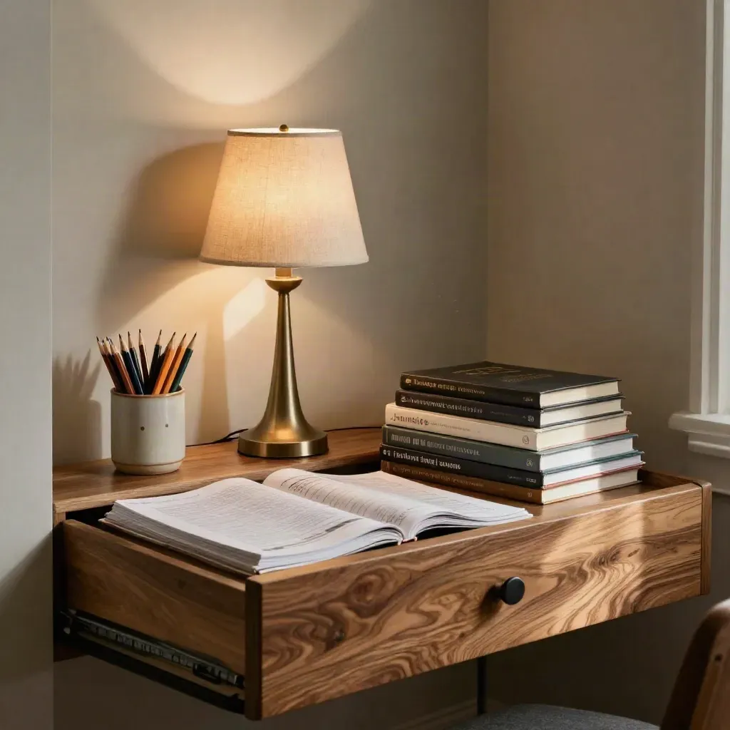 Huiswerkhoek met open lade, boekstapels en bureaulamp in warm middaglicht.