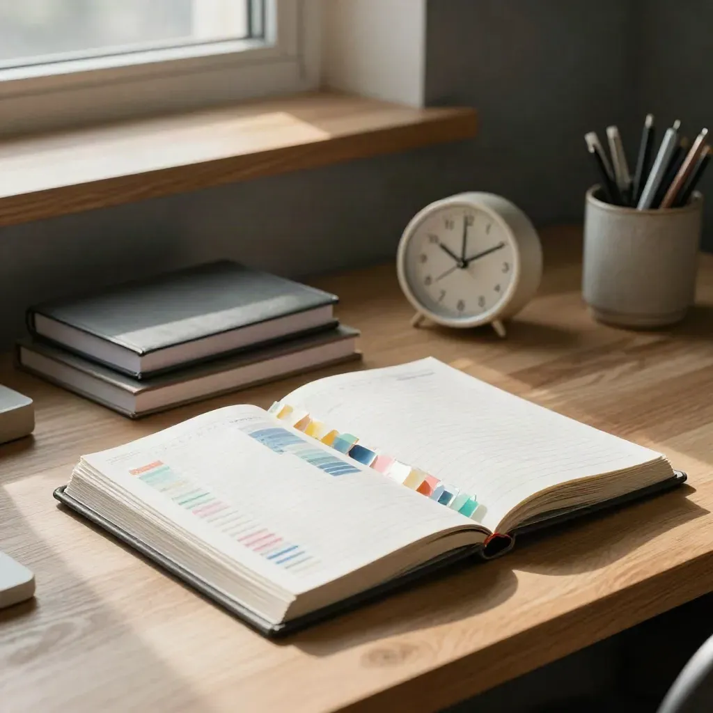 Studiecoaching-hoek met planner, twee notitieboeken, klok en pennen op een lichte werkbank.