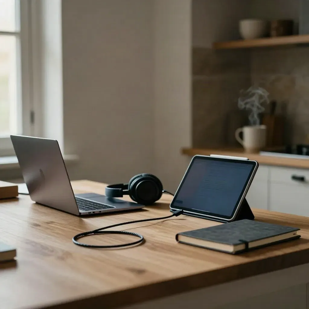 Online-lesstation in een keukenhoek met laptop, headset, tabletstandaard en oplaadkabel.