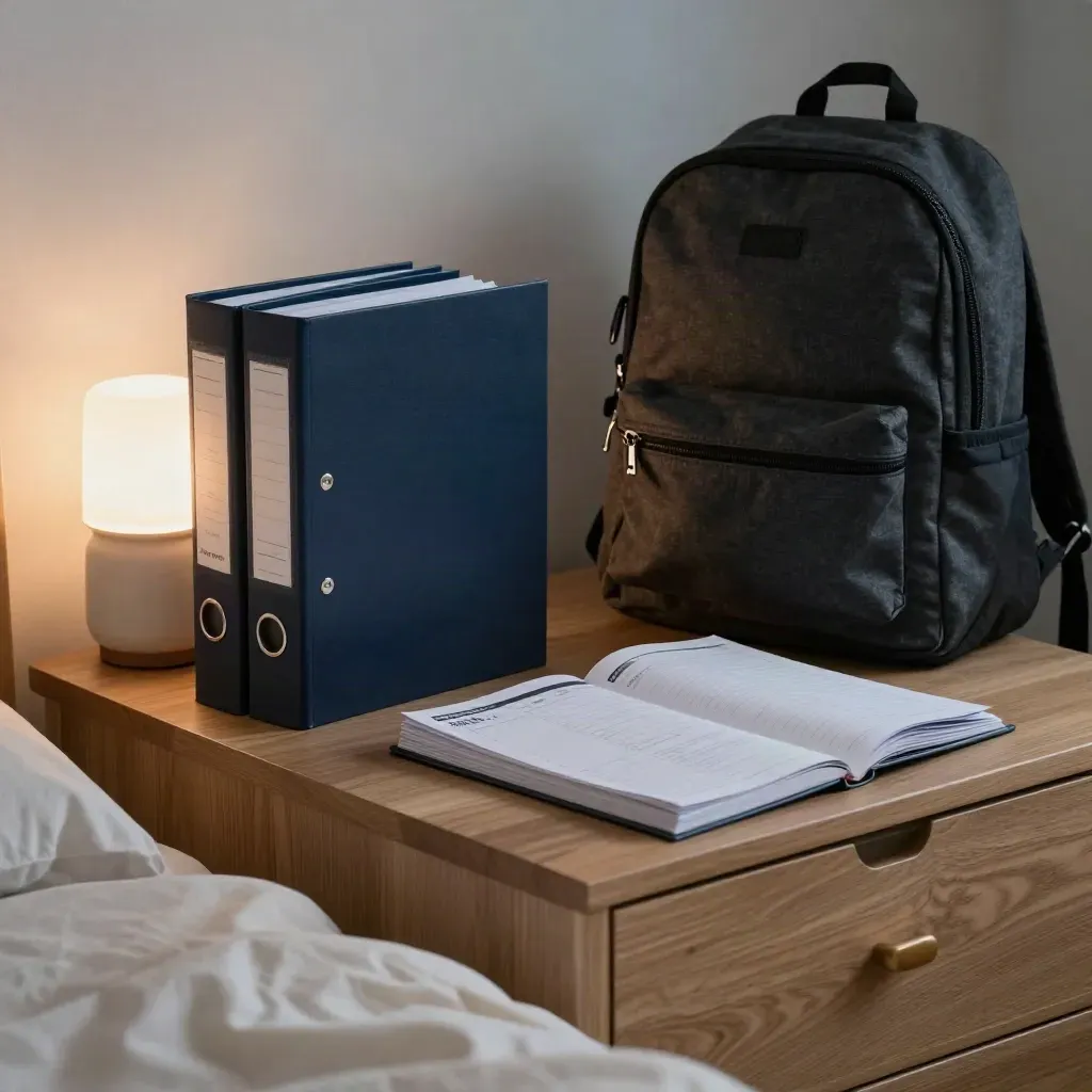 Opgeruimde toetsweek-routine met ordners, planning, rugzak en lamp op een nachtkastje.
