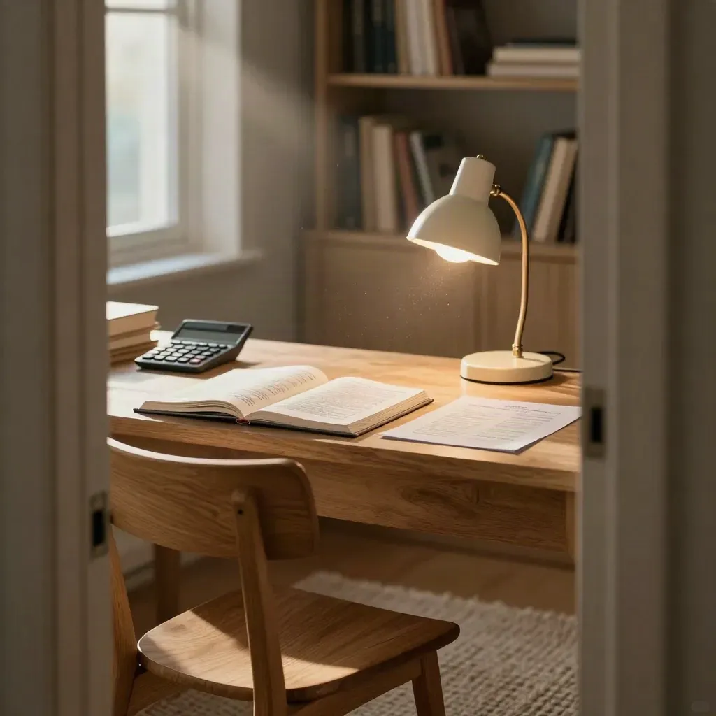 Opgeruimde wiskunde-studiehoek met calculator, gesloten bundel, lamp en rustige stoel.