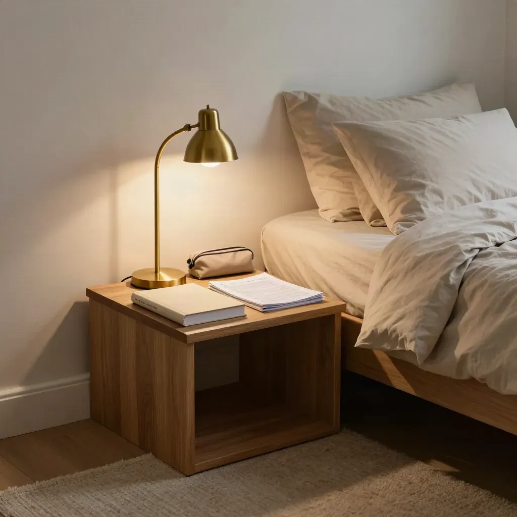 Rustige studiehoek naast een opgemaakt bed met warme lamp en gesloten schoolboeken.