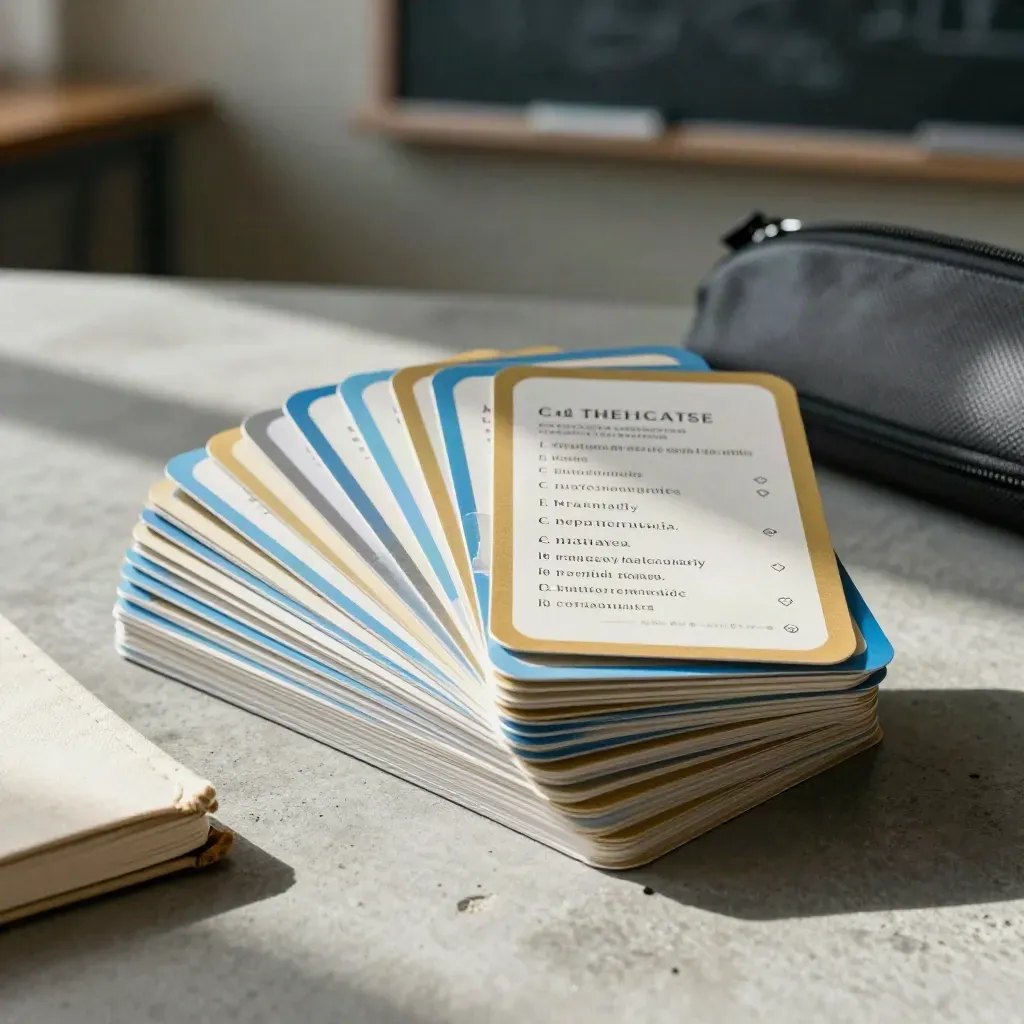 Geordende Duitse grammatica-flashcards, notitieboek en etui op een studioblad in koel licht