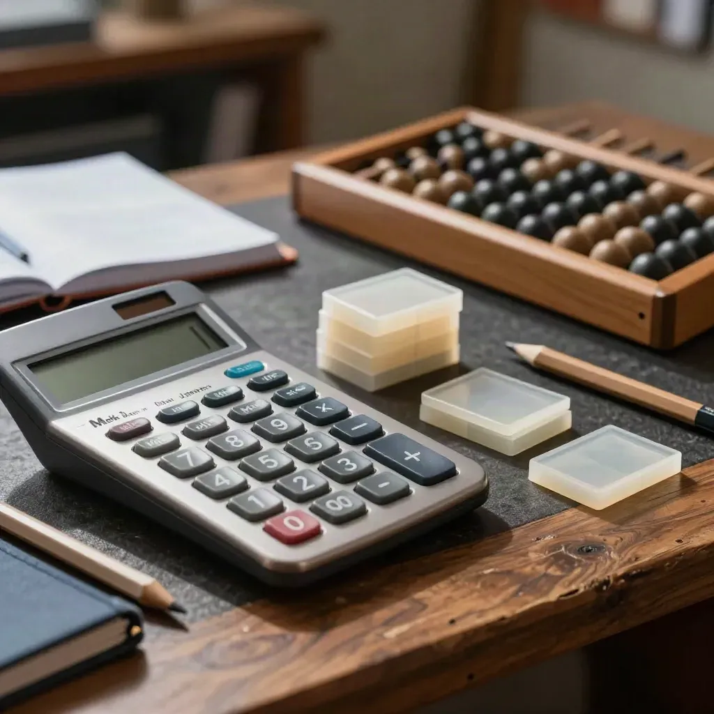 Rekenmachine, algebra-tiles, abacus en gesloten schrift in dramatisch zijlicht.