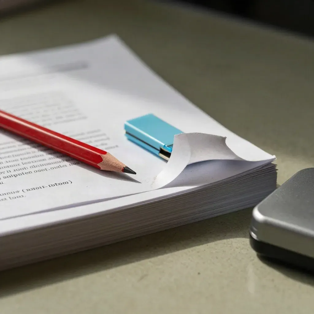 Close-up van proefexamens, rood potlood, scoreclip en timer op een versleten schoolbureau.