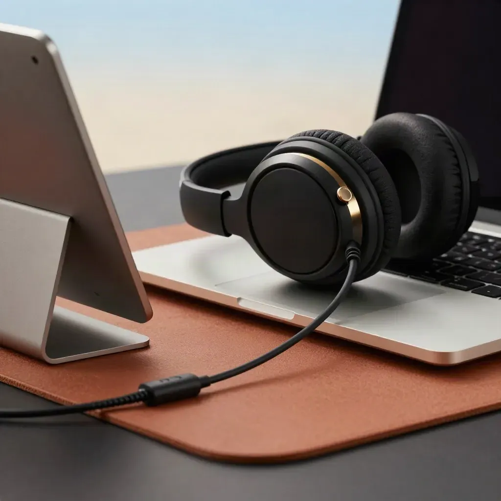 Macro van een online-docentstation met headset, laptoprand, tabletstandaard en laadkabel.