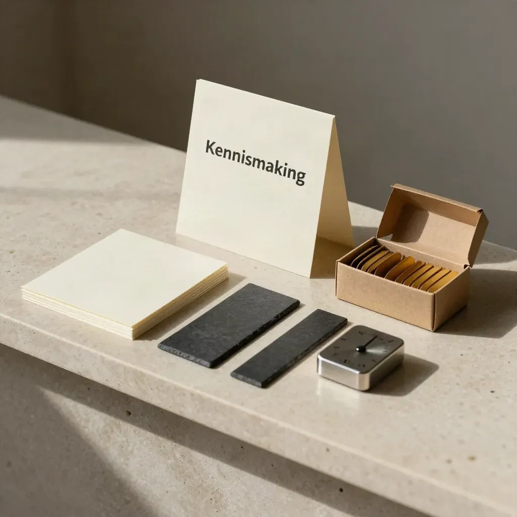 Overzicht van kennismakingskaarten, dividers, timer en tabs op steen.