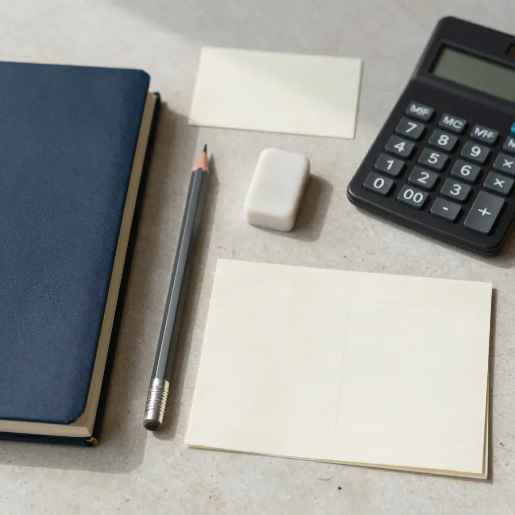 Werkboek, potlood, gum, rekenmachine en blanco kaartjes op lichte steen