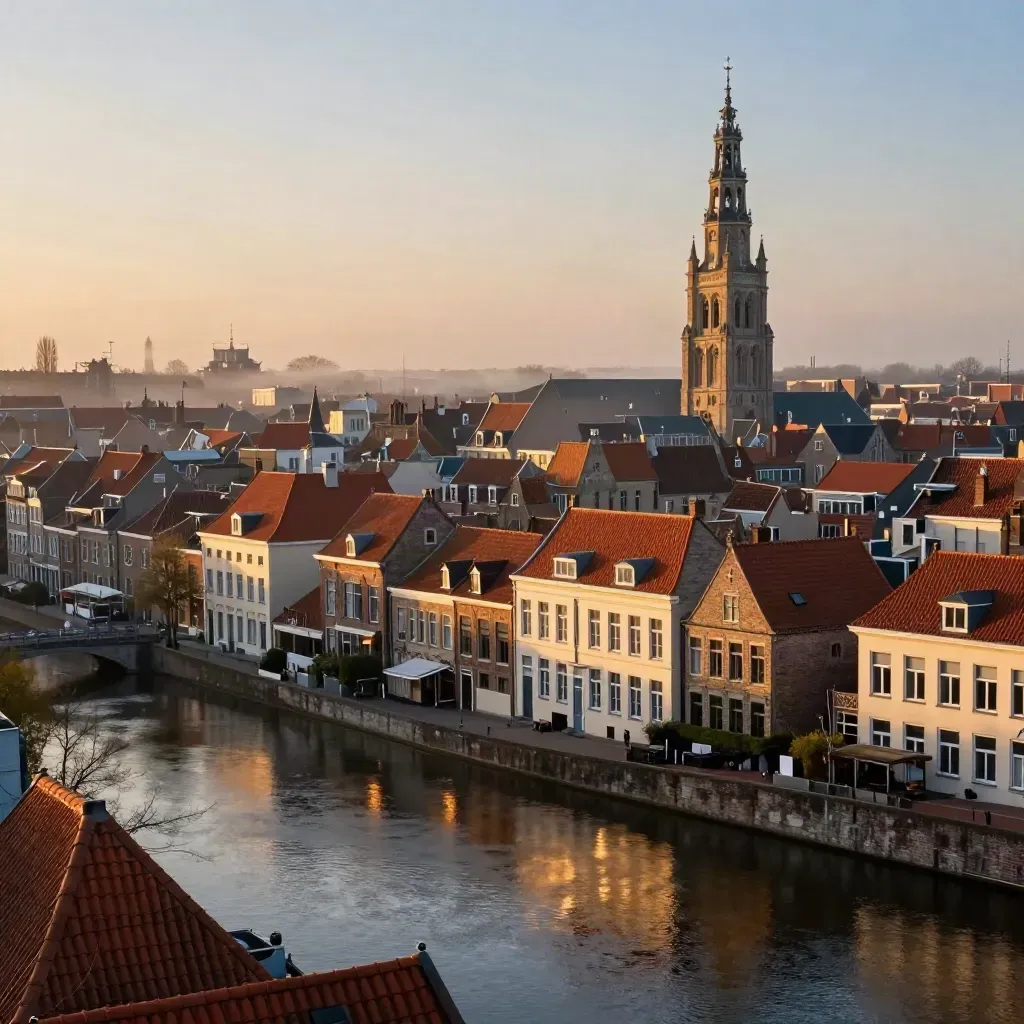 Utrecht met de Domtoren, terracotta daken en een rustige gracht bij ochtendnevel