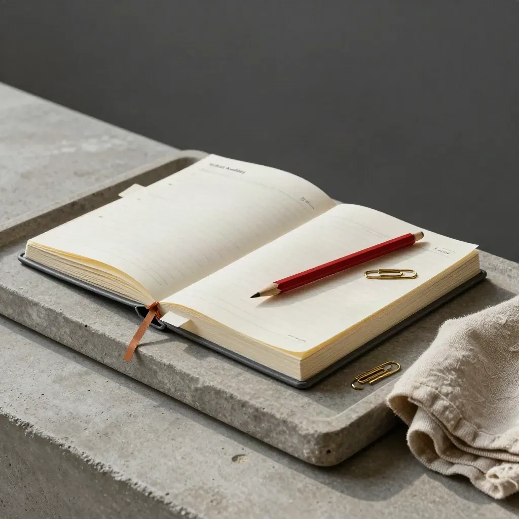 Bijstuurset op stenen tray met planner, tabs, rood potlood, paperclips en linnen doek.