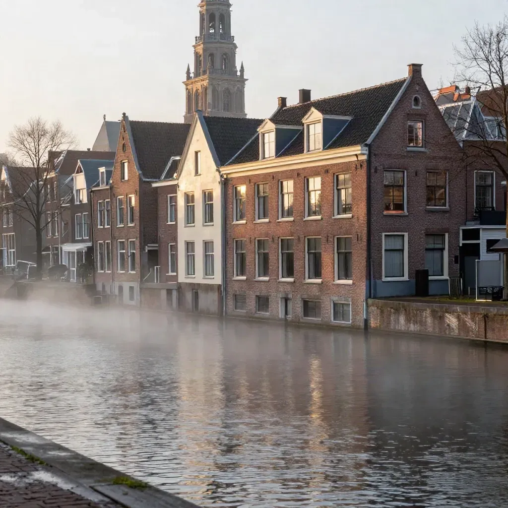 Noord-Holland met grachtengevels, kerktoren en mistig water bij avondlicht.