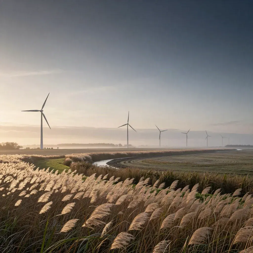 Flevoland polderlandschap met dijk, windmolens en mist boven rietvelden.