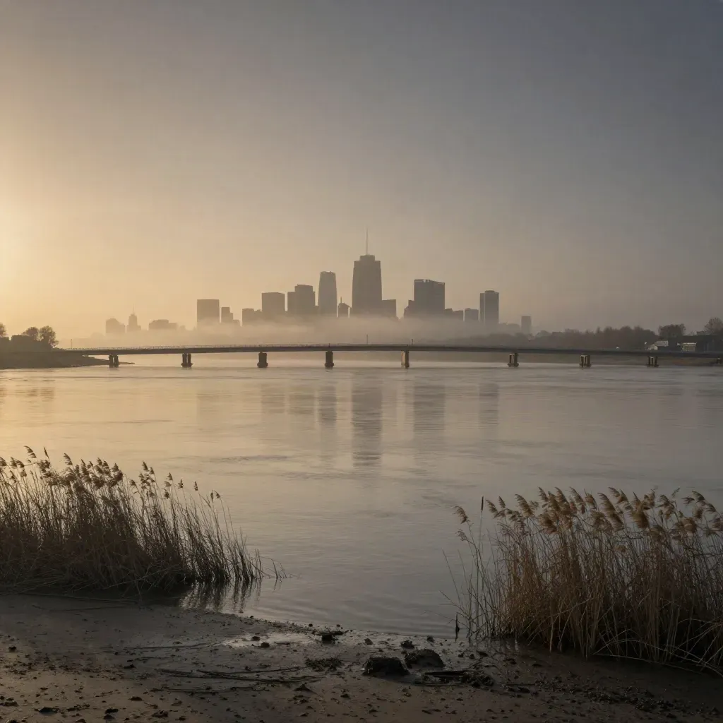 Rivierfront in Zuid-Holland met bruglijnen en skyline in zachte zeemist.